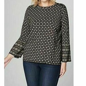J. Jill Luxe Supima Ruffled Sleeve Top Size Large Black And Tan Floral